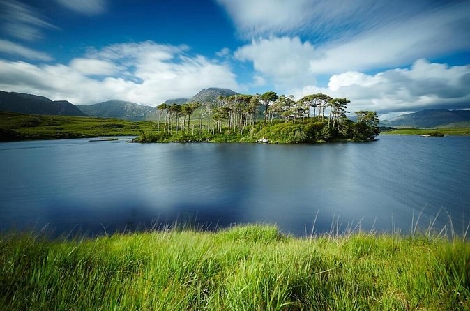 A pine-covered island in a dark lough under fast-moving cloud, mountains on the horizon