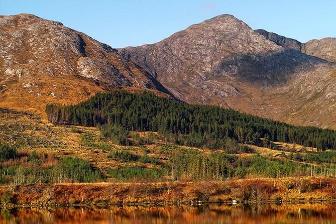 Russet mountainsides above a band of conifer forest and autumn bog, reflected in still water