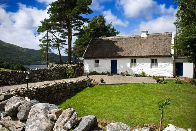 A whitewashed thatched cottage behind dry stone walls and a lawn, pines above it